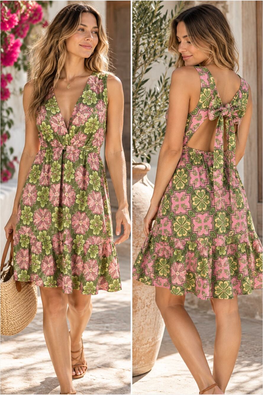 House of Harlow 1960 Linen Blend Dress Pink Green Open Back Tie Bow Size S